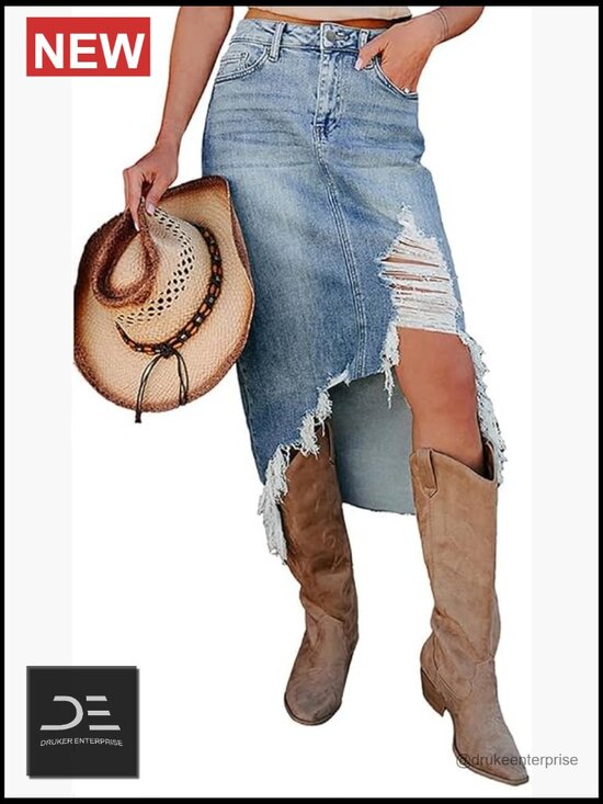 Dresses & Skirts - Preppy Ripped Slit Denim Skirt Frayed Raw Hem Asymmetrical Midi Western Jean
